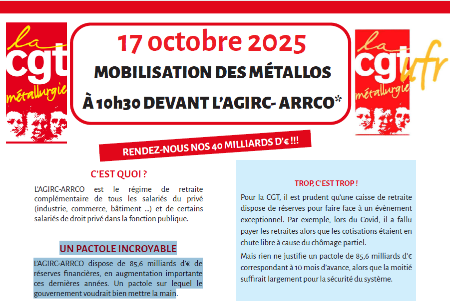 17 octobre 2025 : mobilisation des métallos à 10h30 devant l’AGIRC-ARRCO